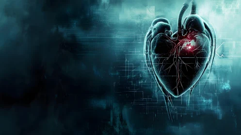 Futuristic digital heart illustration with glowing circuitry effects.