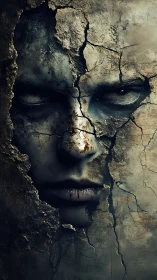 Cracked earth mask unveiling a haunted, sleepless stare.