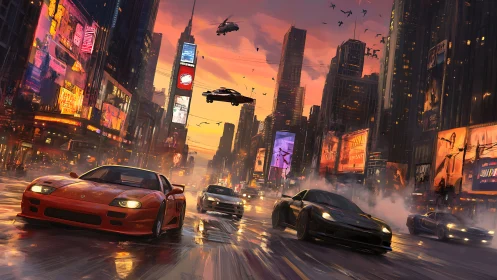 Futuristic street racers slice through neon-soaked city canyons.