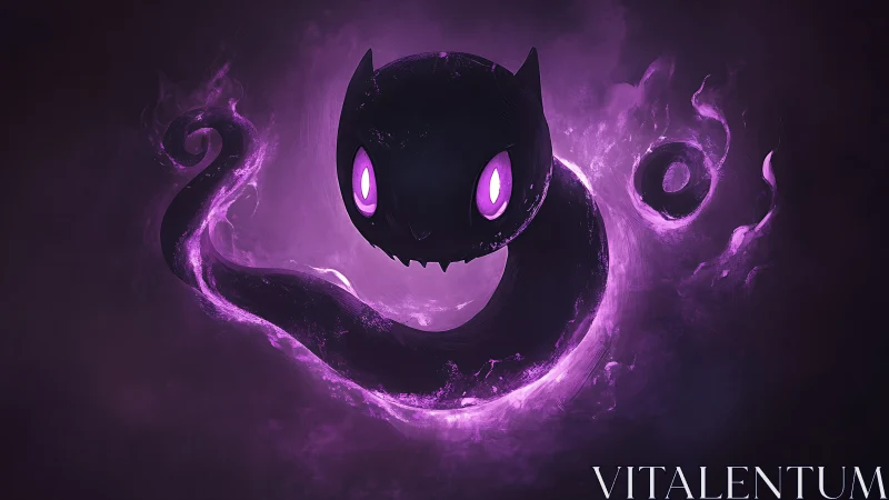 Shadow-slick ghost cat curls into a glowing violet grin
