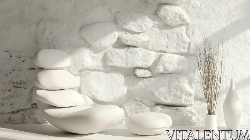 Minimalist White Sculptural Composition with Stacked Organic Forms.