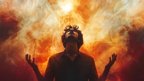 Man stands in fiery swirling light, head raised upward.
