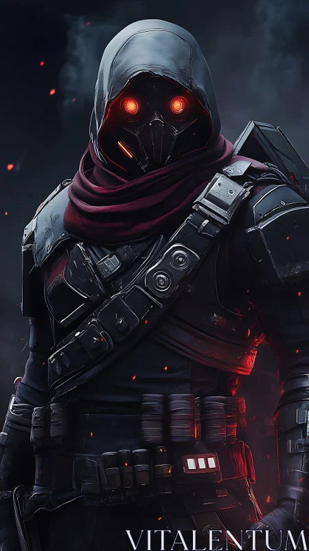 Hooded cyber assassin glows with intense red visor gaze.