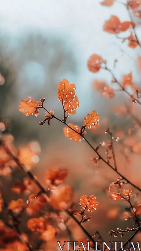 Orange autumn leaves hold raindrops against a soft sky