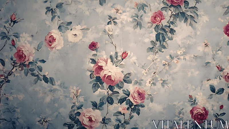 Vintage pink rose floral pattern on muted blue background.