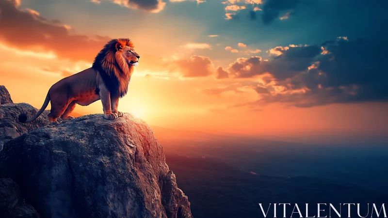 Male lion on rocky cliff at sunset under clouded sky.