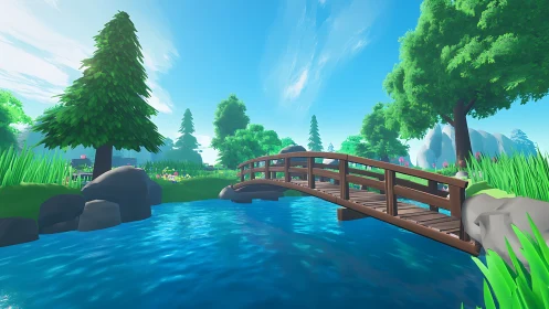 Sunlit wooden bridge arches gently over a calm blue river