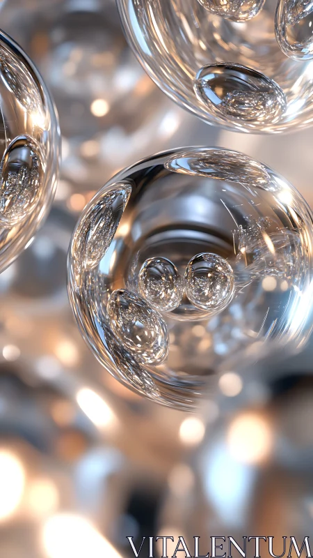 Glass spheres float in soft bokeh light and shimmering reflections.