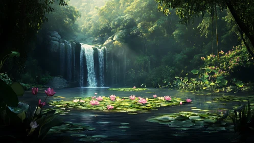 Sunlit jungle waterfall illuminates lotus-covered reflective pool