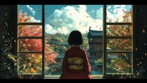 Quiet autumn window view with a girl in a red kimono.