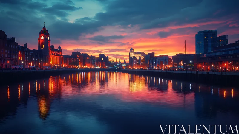 City waterfront skyline glows under vivid sunset sky.
