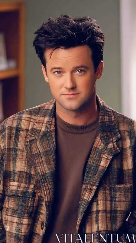 Soft-lit portrait of young man in plaid flannel jacket, studio