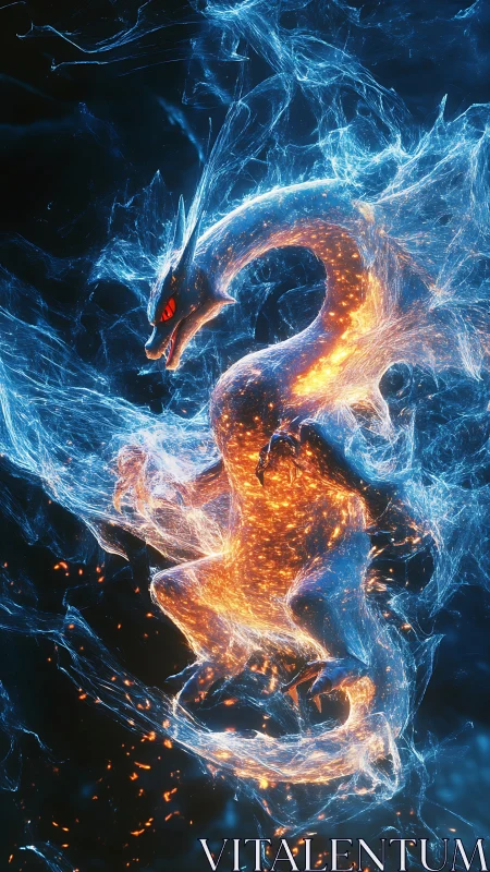 Elemental dragon formed from fire sparks and blue energy.