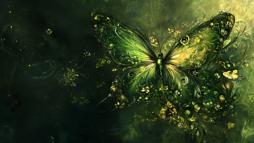 Bioluminescent fractal butterfly spreads ornate emerald wings