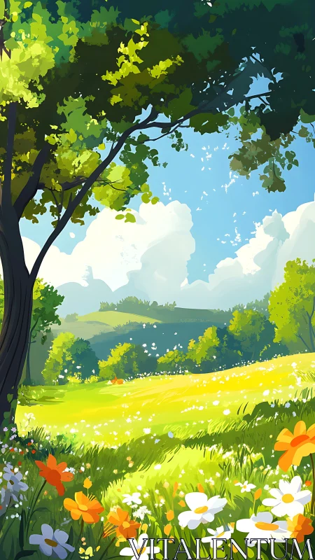 Sunlit wildflower meadow beneath leafy summer canopy.