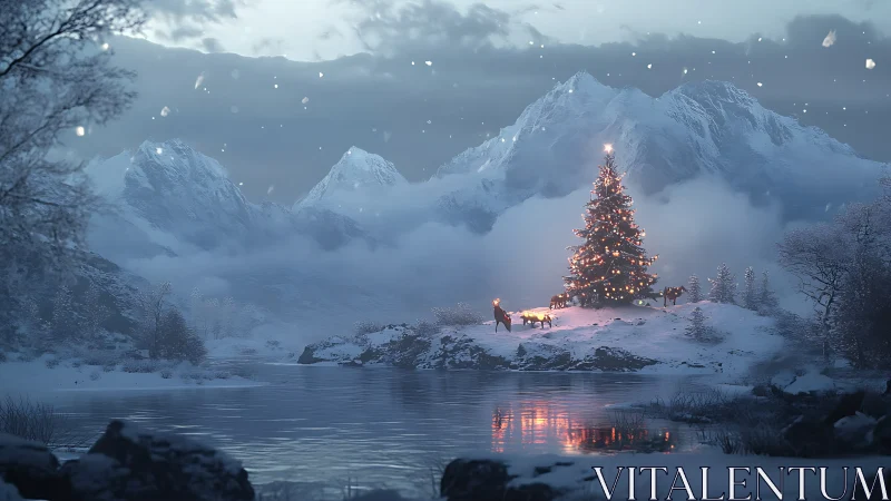 Snowy mountain lake with illuminated Christmas tree island.