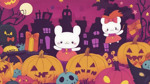 Cartoon rabbits in stylized Halloween pumpkin landscape.