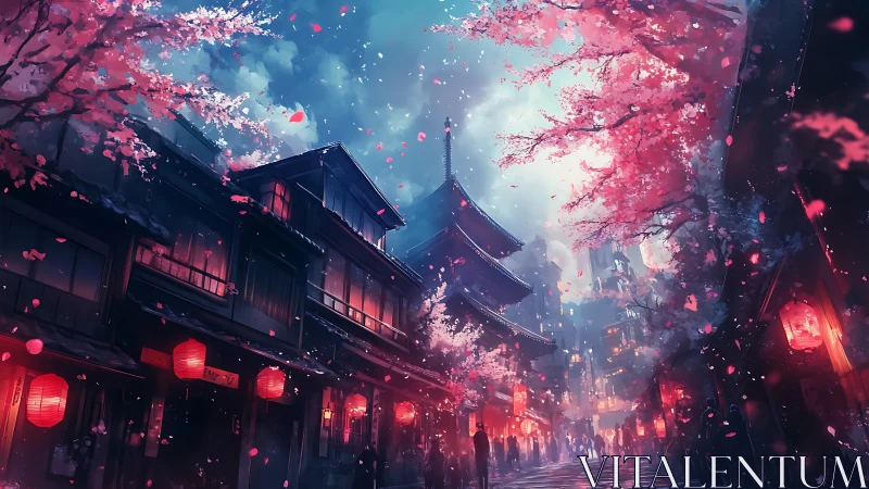 Cherry blossom lantern street framing distant temple tower.