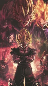 Fierce warrior surrounded by blazing legendary forms.