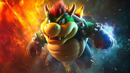 Fiery turtle warrior charges through molten cosmic storm.