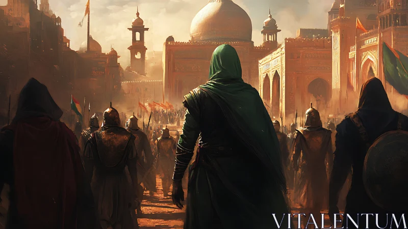 Cloaked commander entering sunlit desert citadel in procession.
