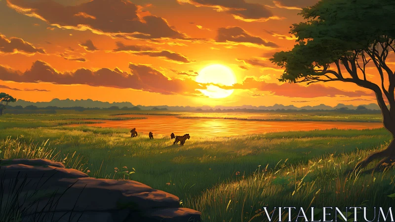 Sunset over grassy riverside plain with distant wildlife.