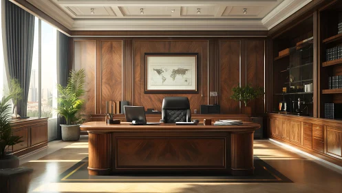 Sunlit executive office wrapped in warm classic wood tones.