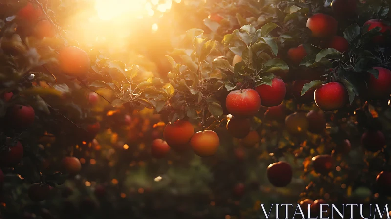 Backlit ripe apple branches in low-angle golden hour sunlight