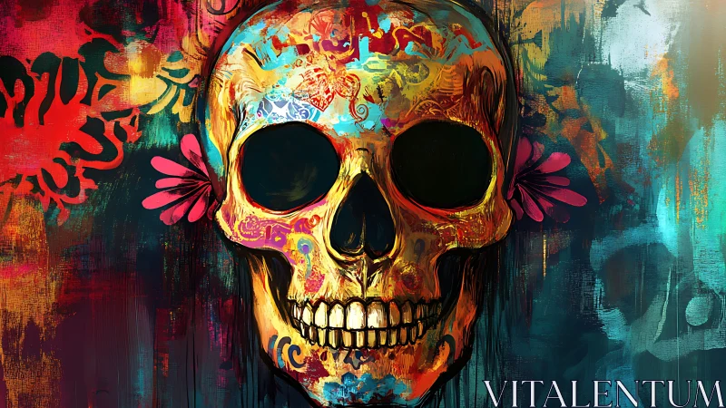 Color-saturated sugar skull on vivid abstract background.