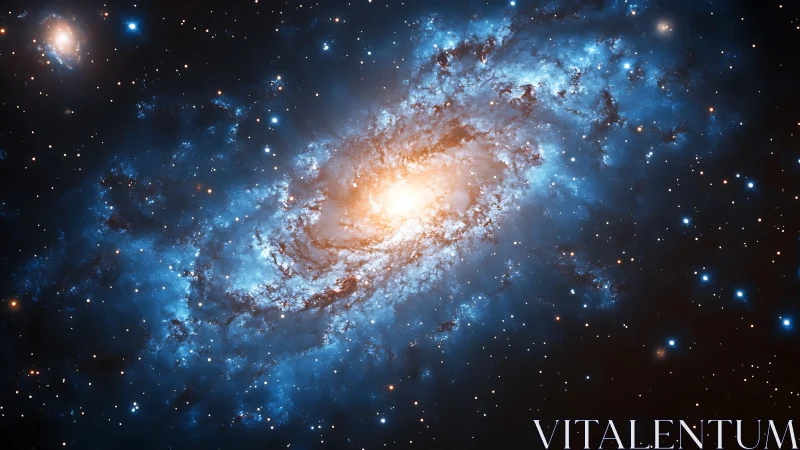 Spiral galaxy core glows amid ionized blue star-forming arms