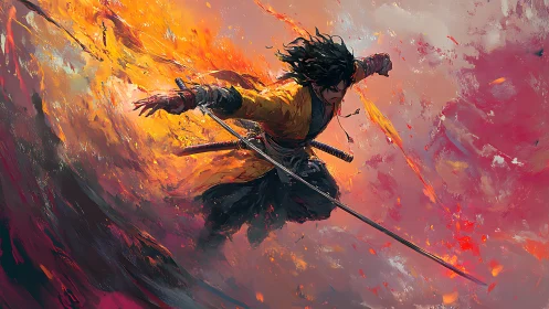 Dynamic samurai mid-air slash in blazing abstract firestorm