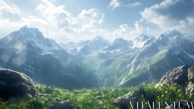 Sunlit alpine valley framed by dramatic snowy peaks.