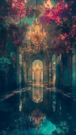 Opulent crystal chandeliers illuminate a flooded arboreal hall