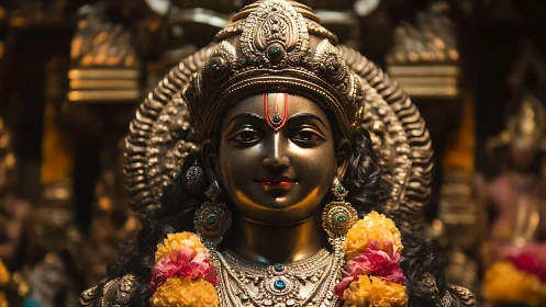 Golden goddess gaze in marigold garlands and temple glow.