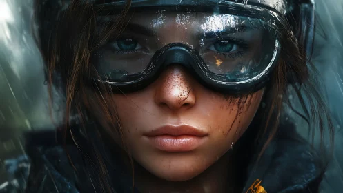 Close-up portrait of rain-soaked female soldier in tactical visor