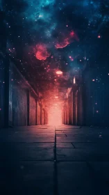 Urban corridor opening into cosmic nebula sky at night.