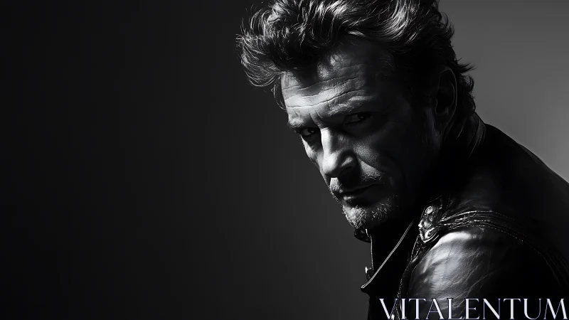 High-contrast monochrome portrait of man in leather jacket.
