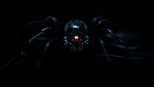 Macro-lit black spider isolates against deep negative space