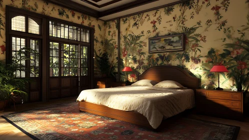 Tropical wallpaper warms a sunlit vintage bedroom retreat.