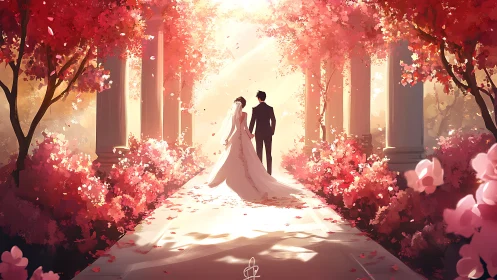 Bride and groom on garden path between columns at sunset.