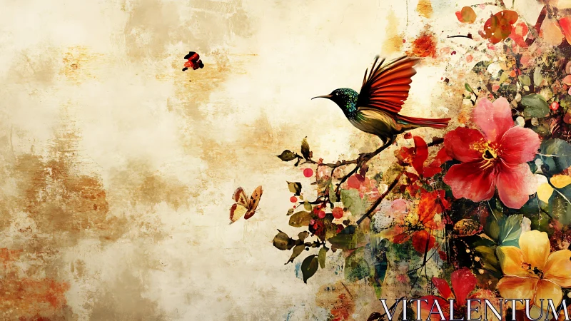 Hummingbird hovers by vivid flowers on textured canvas art