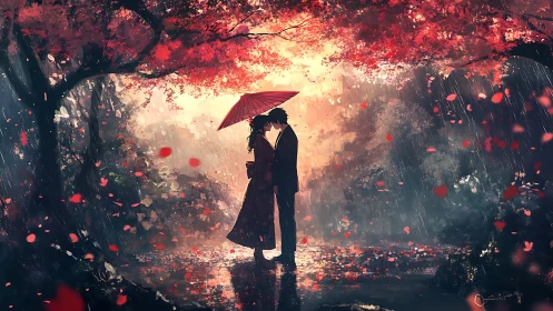 Couple Sheltering Under Red Umbrella in Autumn Rainstorm.