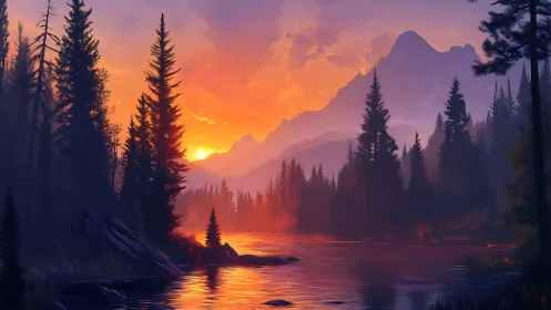 Radiant alpine sunset illuminates conifer river valley