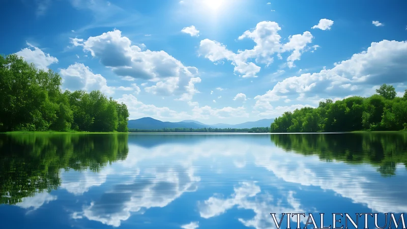 High-noon lakeside panorama with mirrored cumulus reflections