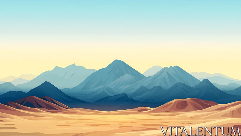 Layered desert ridges and blue mountains form stylized horizon