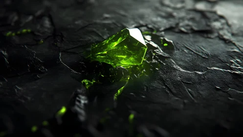 Luminous Green Crystal on Dark Rocky Surface, Cinematic Style.