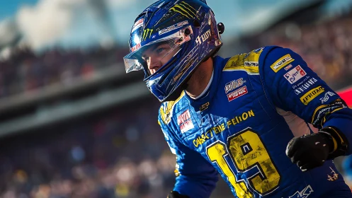 Blue race car driver in helmet running beside racetrack.