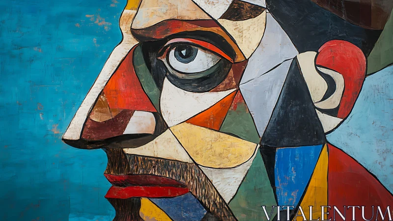 Geometric side profile portrait in segmented color blocks.