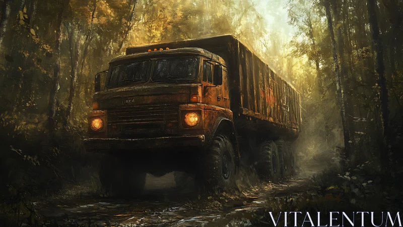 Rust-scarred forest hauler rumbles through misty gold light