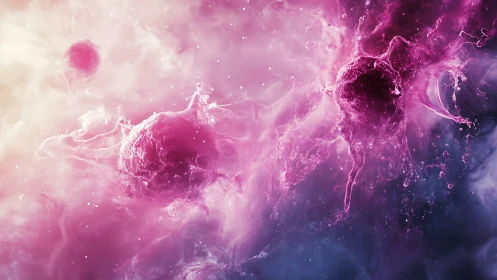 Nebula-like plasma spheres drift through glowing pink cosmos